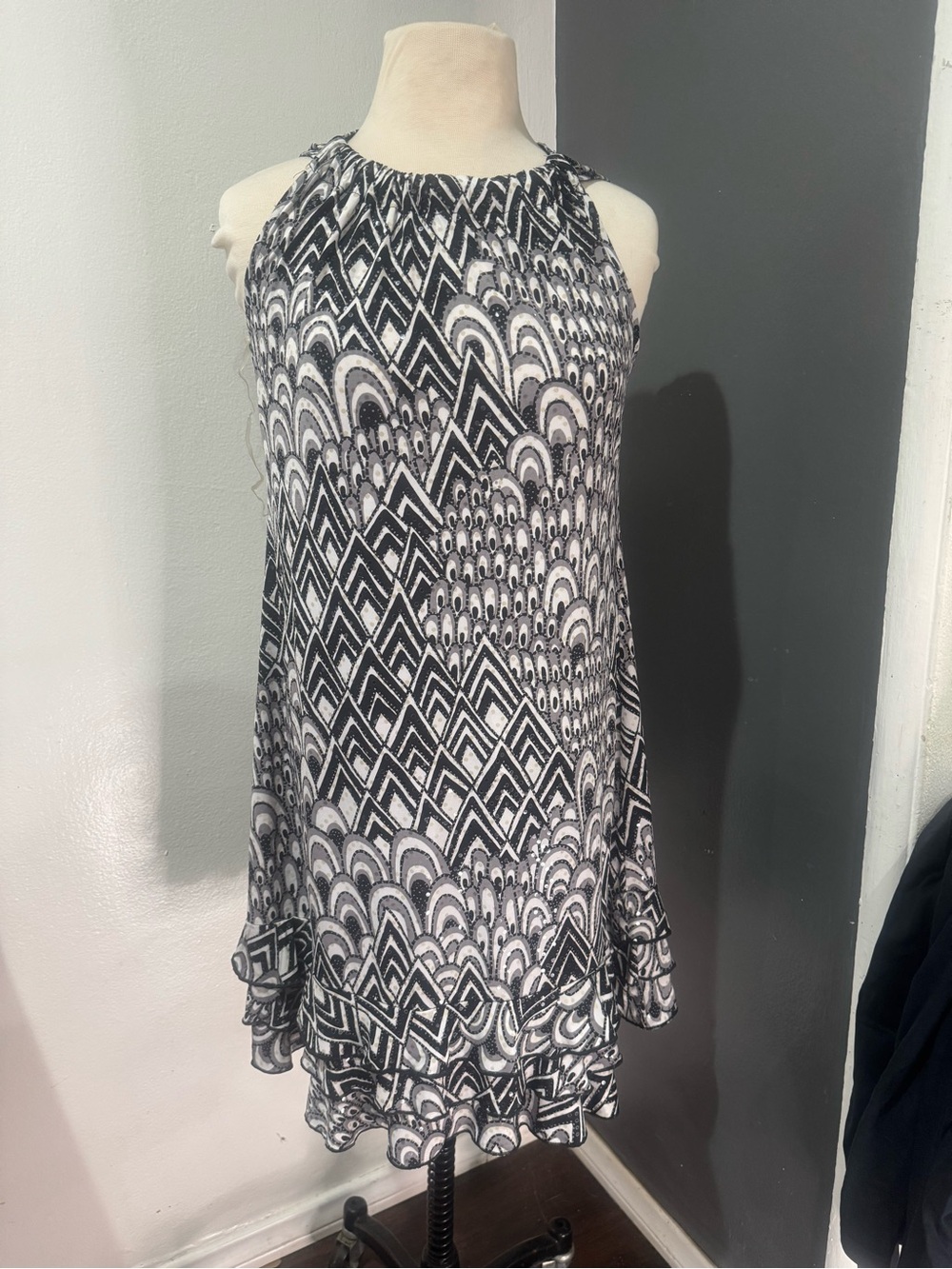 Black & White Patterned Halter Swing Dress